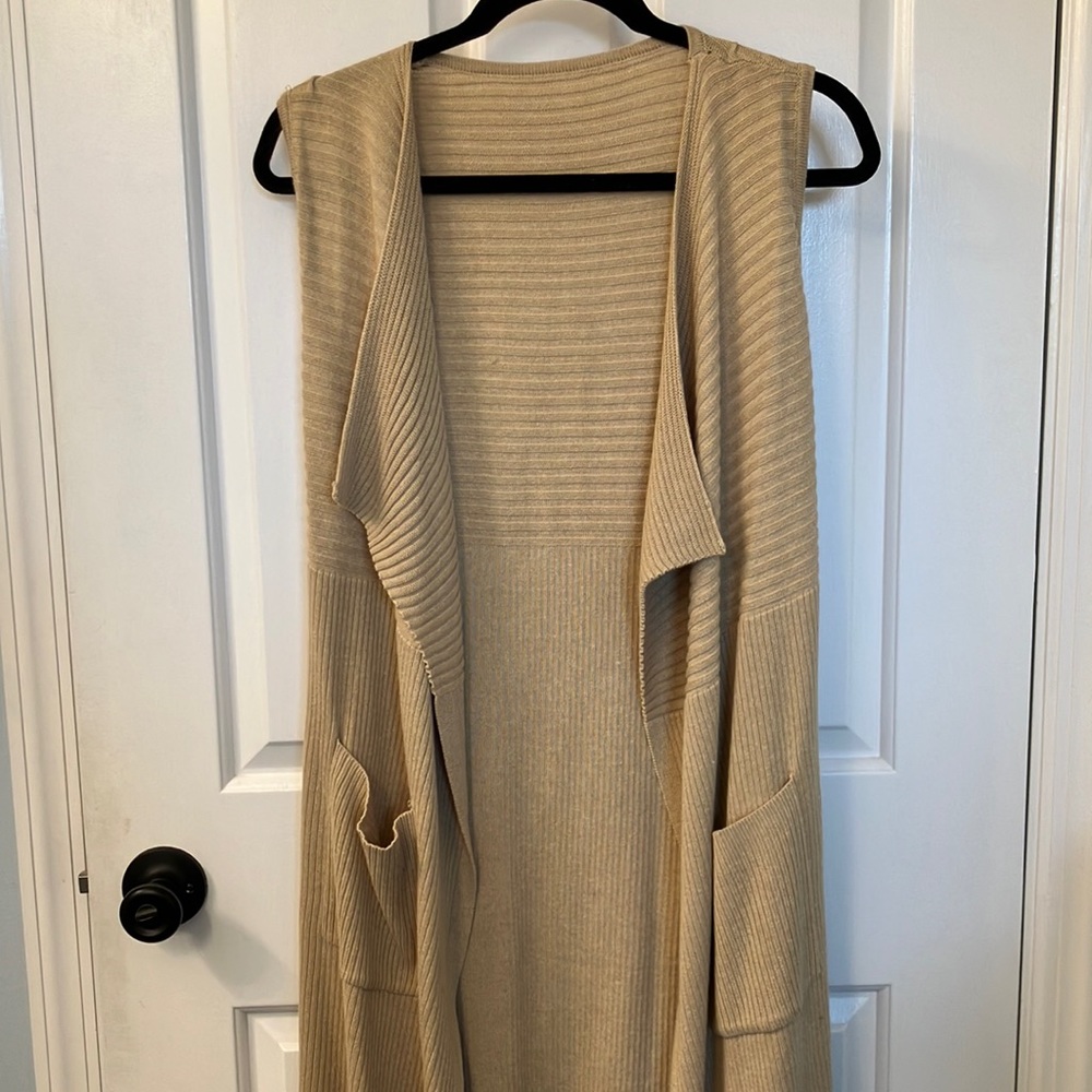 Tan Sleeveless Long Cardigan